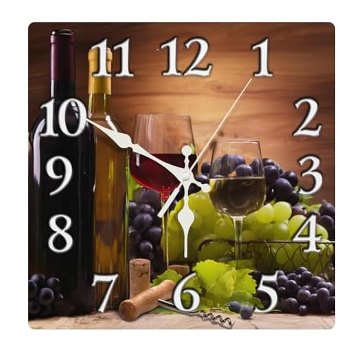 Britimes Square Wall Clock Silent Non-Ticking Battery Operated Clock 12 Inch, Glasses Red White Wine Grapes Home Decor for Living Room, Kitchen, Bedroom, and Office