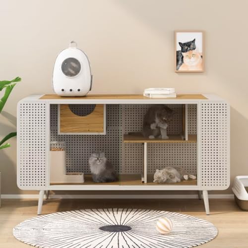 YOUJUNER Modern Spacious Cat House with Tempered Glass, Multi-Feature Cat Enclosures House Space Cat Cage (White)