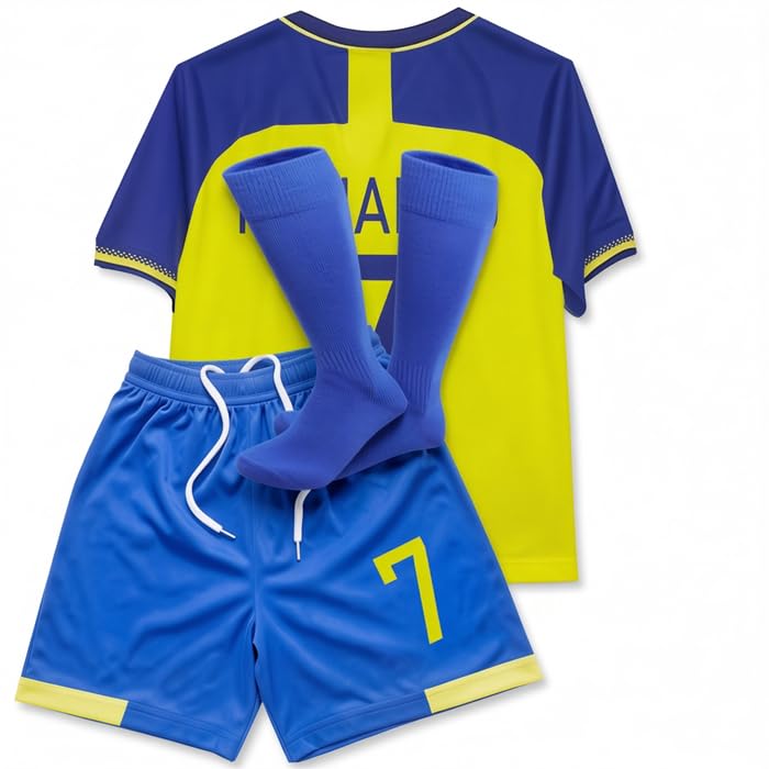 MunKivft Soccer Jersey Boys Boys Soccer Jersey 7# Soccer Jerseys for Kids Football Youth Jerseys 3 Piece (Blue&Yellow7 24 (8-9Years))