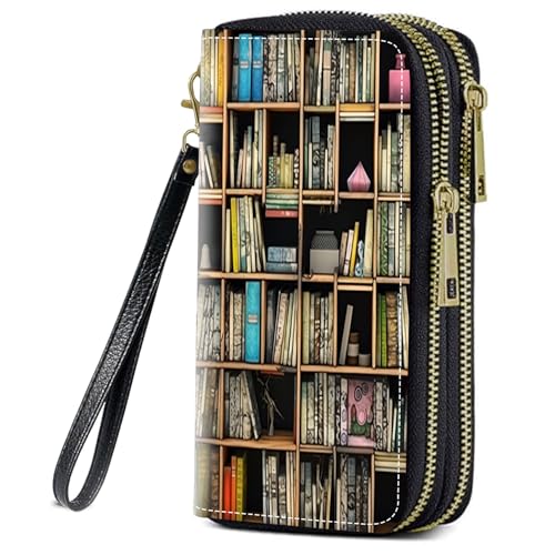Bookshelf Print Women Large Capacity Wallet PU Leather Double Zipper Clutch Purse for Smart Phone/Card/Coin/Cash