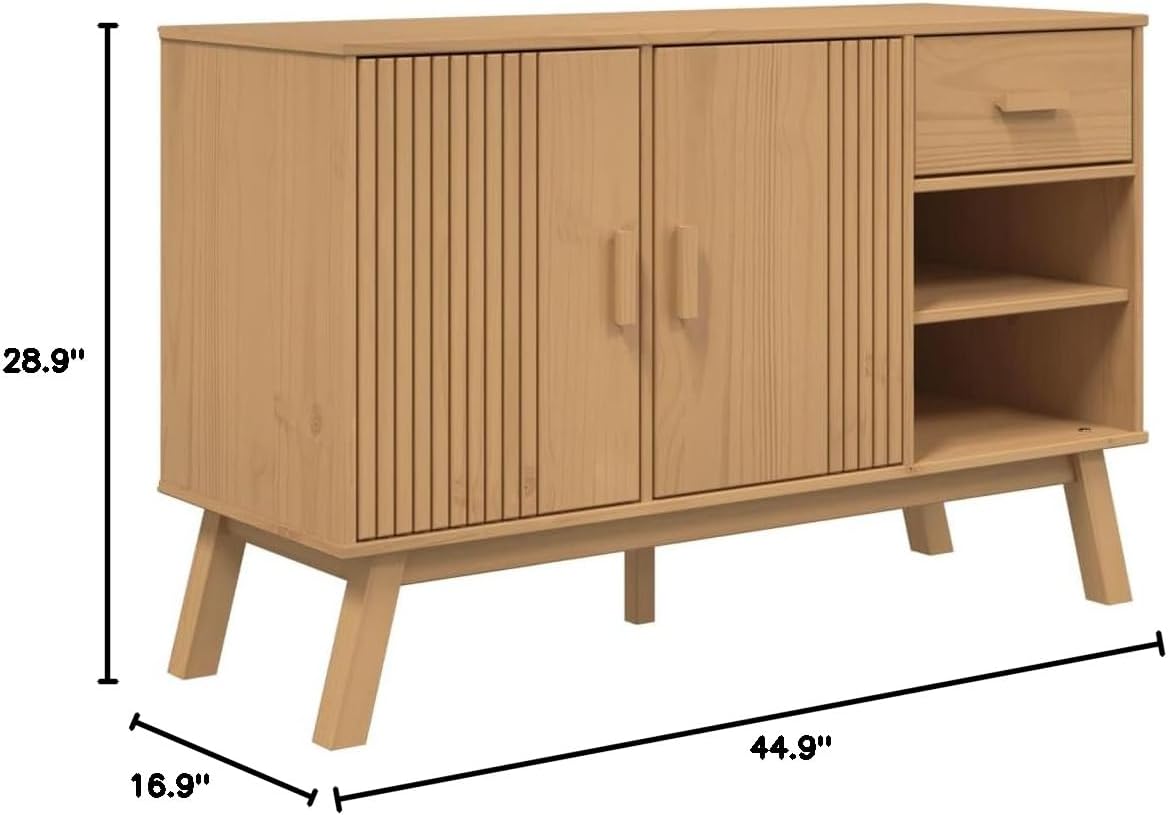 Scandinavian Solid Pine Wood Sideboard with Brown Finish, 1 Drawer and 2 Doors for Ample Storage, Rustic Rectangular Cabinet for Living Room Hallway