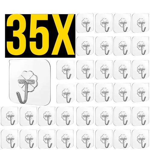 jaramari® Ganchos Adhesivos Transparentes (35 Unidades) – Potente Fijación, Impermeables – Sin Taladro, para Cocina, Baño y Hogar