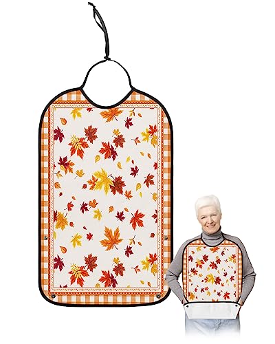 Thanksgiving Adult Bibs for Eating, Waterproof Bibs with Food Catcher & Adjustable Snap Closure, Farmhouse Orange Plaid Fall Maple Leaf Washable Clothing Protectors Adult Bibs for Elderly Women/Men