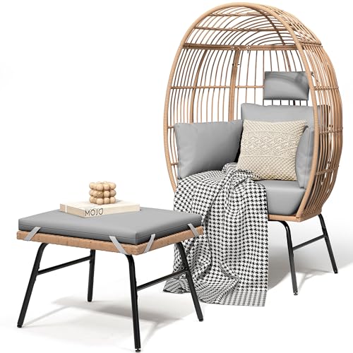 DWVO Outdoor Egg Chair with 2-in-1 Footrest, Patio Wicker Basket Chair with Ottoman, Indoor Egg Chairs with Cushion, Boho Cocoon Chair for Outside, Bedroom, Grey