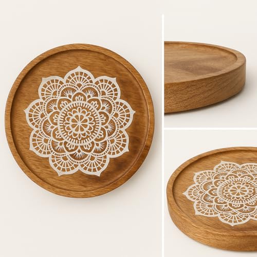 Image of Round Wooden Tray 10 Inch with Mandala Design | Mango Wood Serving Tray for Coffee Table, Snacks, Breakfast & Home Decor | Rustic Decorative Centerpiece Tray for Kitchen & Living Room