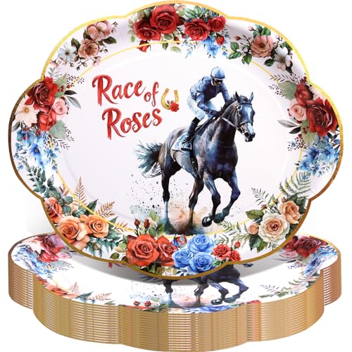 Fancy Land Kentucky Derby Party Supplies Paper Plates Oval Disposable Derby Day Plates Race of Roses Themed Tableware for Horse Racing Event 24 Pack 10x12 Inches