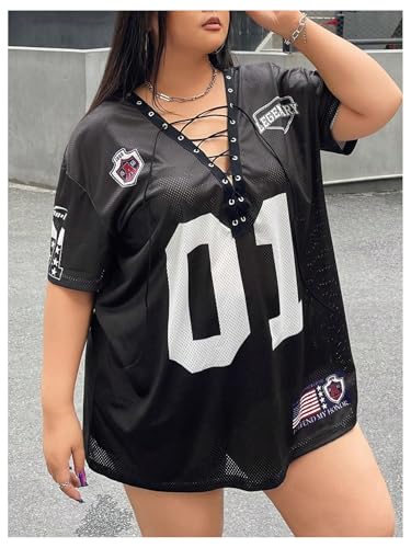 SOLY HUX Women's Plus Size Jersey Lace Up V Neck Short Sleeve T Shirts Number Graphic Tee Tops Streetwear2