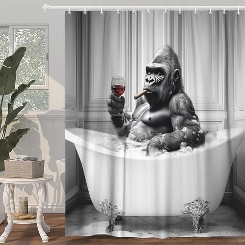 Image of Funny Monkey Shower Curtain, 70x70IN, Grey, Polyester, Waterproof, Modern Style, Boys Men Masculine Bathroom Decoration
