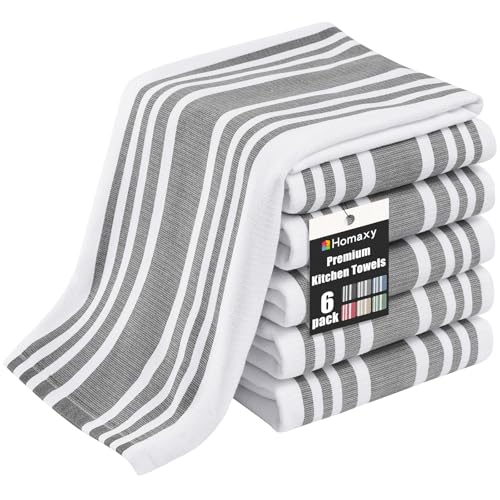 Homaxy Premium Kitchen Towels 18”x 28”, Large Cotton 380 GSM Kitchen Hand Towels, Stripe and Terry Dish Towel, Highly Absorbent Tea Towel Set with Hanging Loop, 6 Pack, Grey