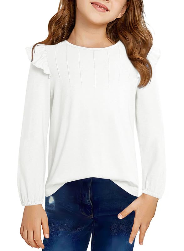 Girls Long Sleeve Shirts Casual Ruffle Trim Crewneck Blouse Tops 6-15 Years - Main Image
