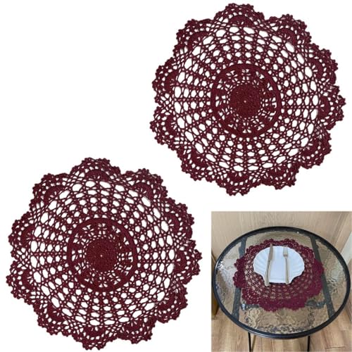 BIBITIME 2 PCS 15 inches to 16 inches Doilies Kitchen Handmade Placemats Round Crochet Flower Cup Mug Mat Table Doily (Wine Red)