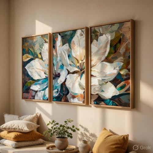 Image of Livin'luxe Abstract Floral Wall Painting Set of 3 with Wooden Frames | Modern White Flower Artwork HD Sparkle Laminated MDF Wall Decor | Contemporary Floral Wall Art for Living Room Bedroom