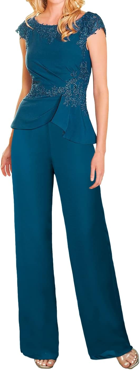 ISABUFEI Mother of The Bride Pants Suits Dresses for Wedding Chiffon Long Formal Evening Gowns Lace Appliques Jumpsuits Dusty Rose US20W