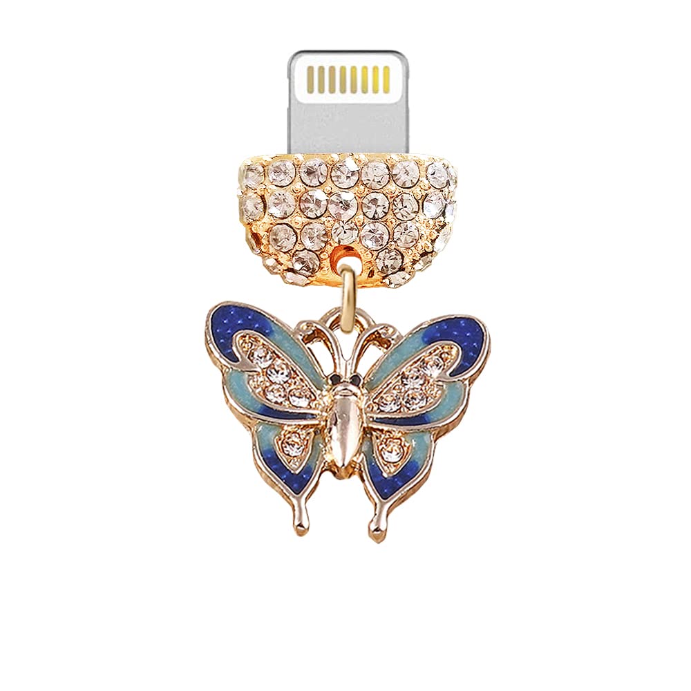 ELISE & FONDACP390 USB Charging Port Crystal Anti Dust Plug Little Butterfly Phone Charm for iPhone 13/12/11/ XS MAX/XR/X/8 Plus/7/6S/8/SE iPad iPod (Blue), approx. 1.8 cm (L) x 0.2 cm (W) x 1.7 cm