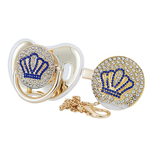 MIyocar Handmade Bling Baby Gold Blue Crown Pacifier and Clip Set Unique Gift for Baby Shower
