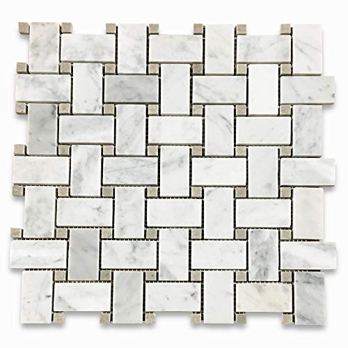 Stone Center Online Carrara White Marble 1x2 Basketweave Mosaic Tile w/Gray Dots Polished for Kitchen Backsplash Bathroom Flooring Shower Surround Dining Room Entryway Corrido Spa (1 Sheet)