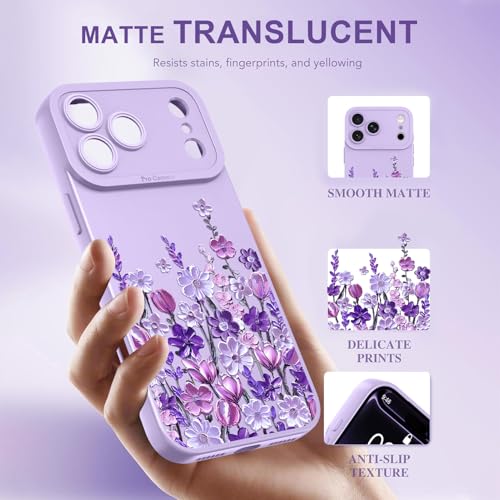 Image of Designed for iPhone 17 Pro Case Floral for Women Girls, Purple | Cute Oil Painting Flower Pattern Liquid Silicone Phone Case [Full Camera Protection] Slim Soft TPU Protective Cover