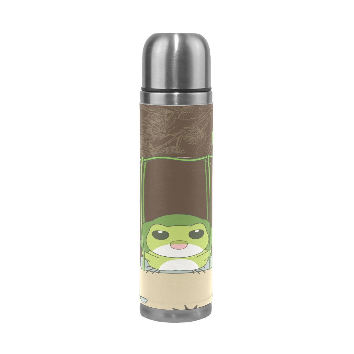 LDIYEU Frosch-Design Edelstahl Trinkflasche 500 Ml - Thermo, Auslaufsicher, Mit Lederhülle, Personalisierbar