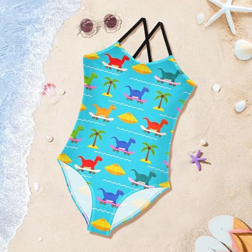 Dinosaur Skateboard Coconut Tree Girls One Piece Swimsuits Quick Dry Beach Swimwear Bathing Suit3