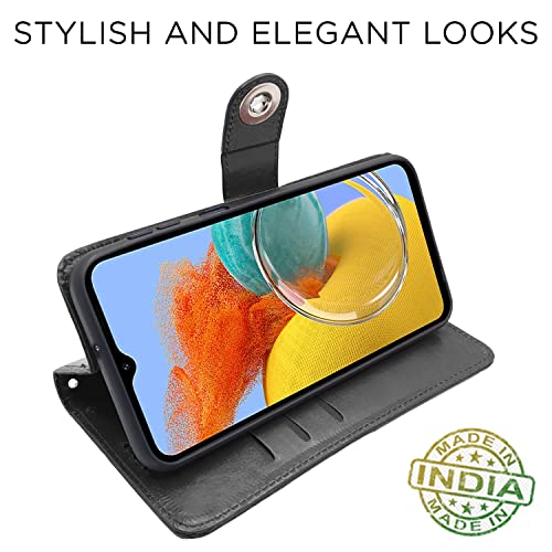 Image of Pikkme Samsung Galaxy M14 5G Flip Cover Leather Finish | Inside TPU with Card Pockets | Wallet Stand and Shock Proof | Complete Protection Button Flip Case (Black)