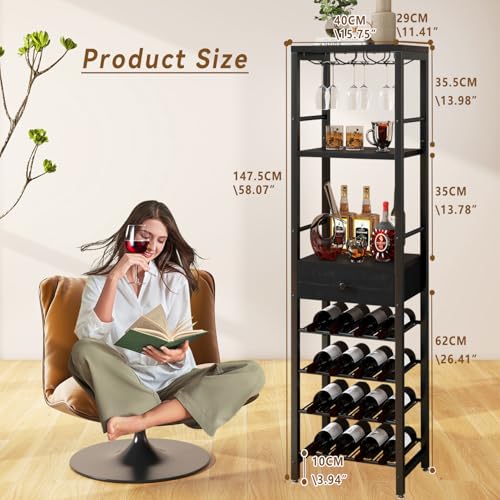 IBUYKE Wine Rack Freestanding Floor,Coffee Bar Cabinet 4-Tier Wood Wine Rack,Glass Holder and Storage Drawer for Home Bar Kitchen Living Room,Black TMJ905B - Image 6