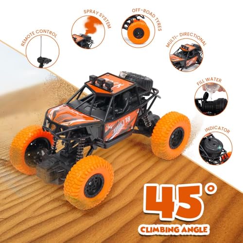 Image of Gooyo GY-45 Rechargeable Remote Control Rock Crawler Car with smoke | Monster Truck with spray for kids | RC Car 4x4 Off-Road Big Car Toy | High Speed | Orange Color | In-Built Battery | Gift Box Pack