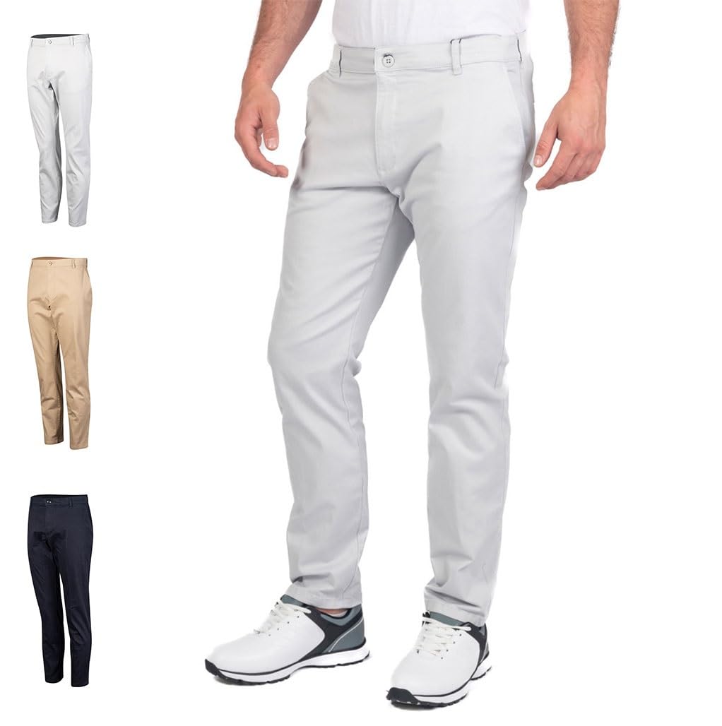 Island Green IGPNT2167 Men's Stretch Cotton Chino Trousers Golf Pants, Light Grey, 38W / 33L