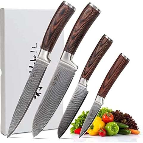 Wakoli Edib 4er Damastmesser-Set mit Klingenlängen von 8,50cm bis 18,00cm extrem scharf aus 67 Lagen I Profi Küchenmesser Set aus echtem japanischen Damaststahl mit Griffen aus Pakkaholz Cover