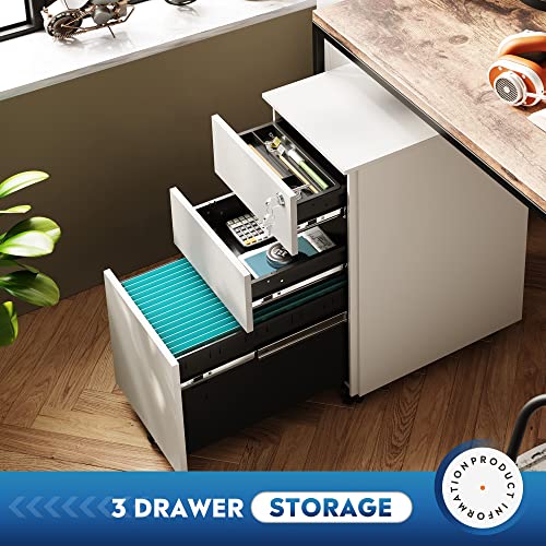 Image of DEVAISE Slim File Cabinet with Lock, 3 Drawer Mobile Filing Cabinet for Legal /Letter /A4 Size, Fully Assembled Except Wheels, White