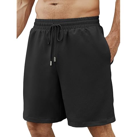 hawalili Men's Shorts Casual Elastic Waist Drawstring Texured Summer Beach Shorts with Pockets Black,XL Cover