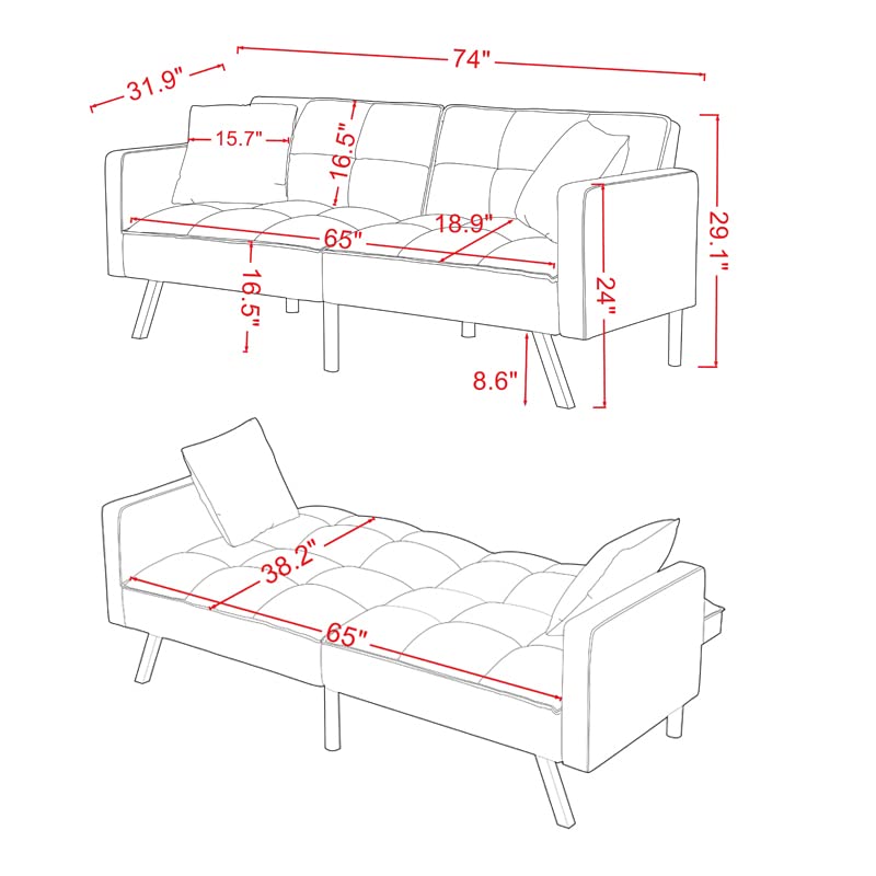 ((incomplete))Lepfun Modern Tuft Futon Couch Convertible Loveseat Sleeper Reclining Sofa Bed Twin Size with Arms and 2 Pillows for Living Room, Navy Blue