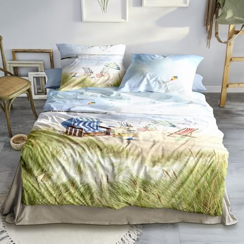 Irisette Mako Satin Bettwäsche Wave 8699-90 Strandkorb Dünen 135x200, 100% Baumwolle, edel glänzend, atmungsaktiv, hautfreundlich, pflegeleicht, bügelleicht, mit Reißverschluss, Oeko-TEX Zertifiziert