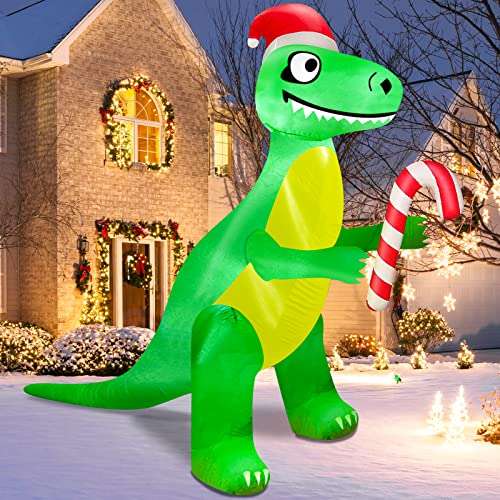Turnmeon 12 Feet Giant Christmas Inflatable Santa Dinosaur Decoration Outdoor Candy Cane Build-In Led Lights 8 Stakes 4 Tethers Blow Up Yard Christmas Decoration Outside Home Party Lawn Garden Decor #TOP23