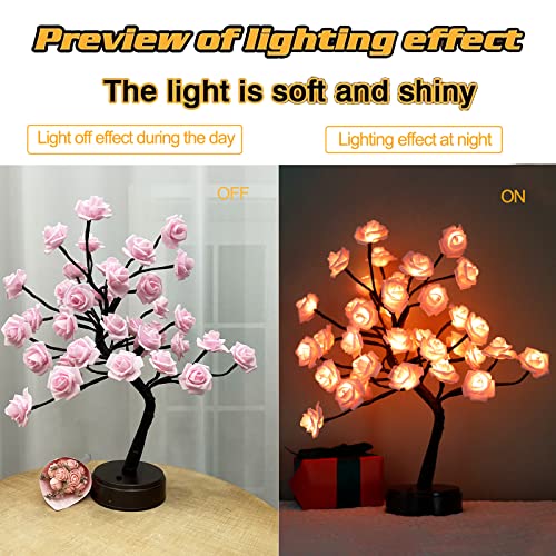 Pink Rose Lamp Tabletop Tree, Christmas Rose Tree With Lights For Table Decor, Gifts For Mom Girls Wife Women Mothers Day Decorations Led Tree With Pink Rose Flower For Wedding Bedroom Party-Pink #TOP2