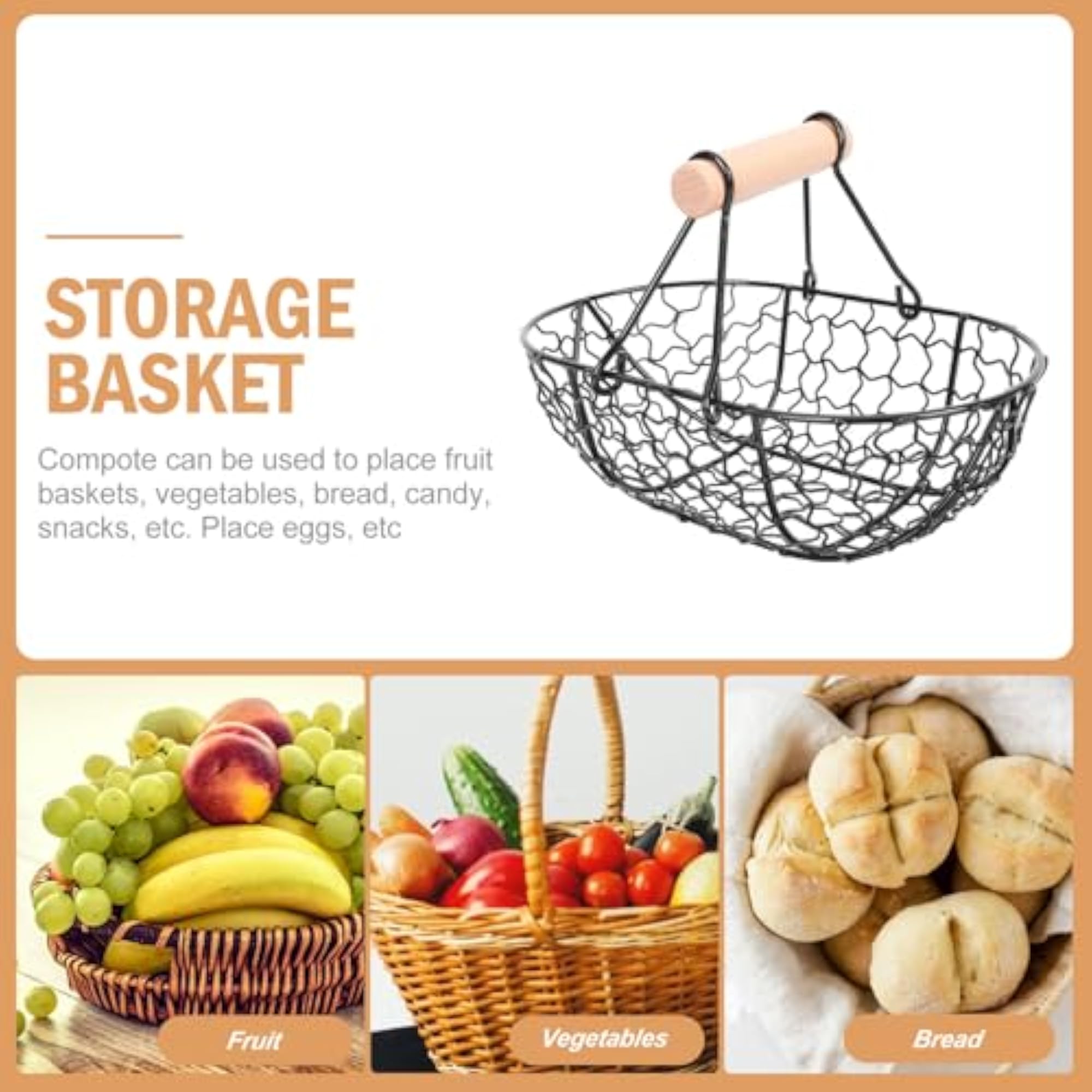 Oval Black Iron Fruit Storage Basket with Wood Handle