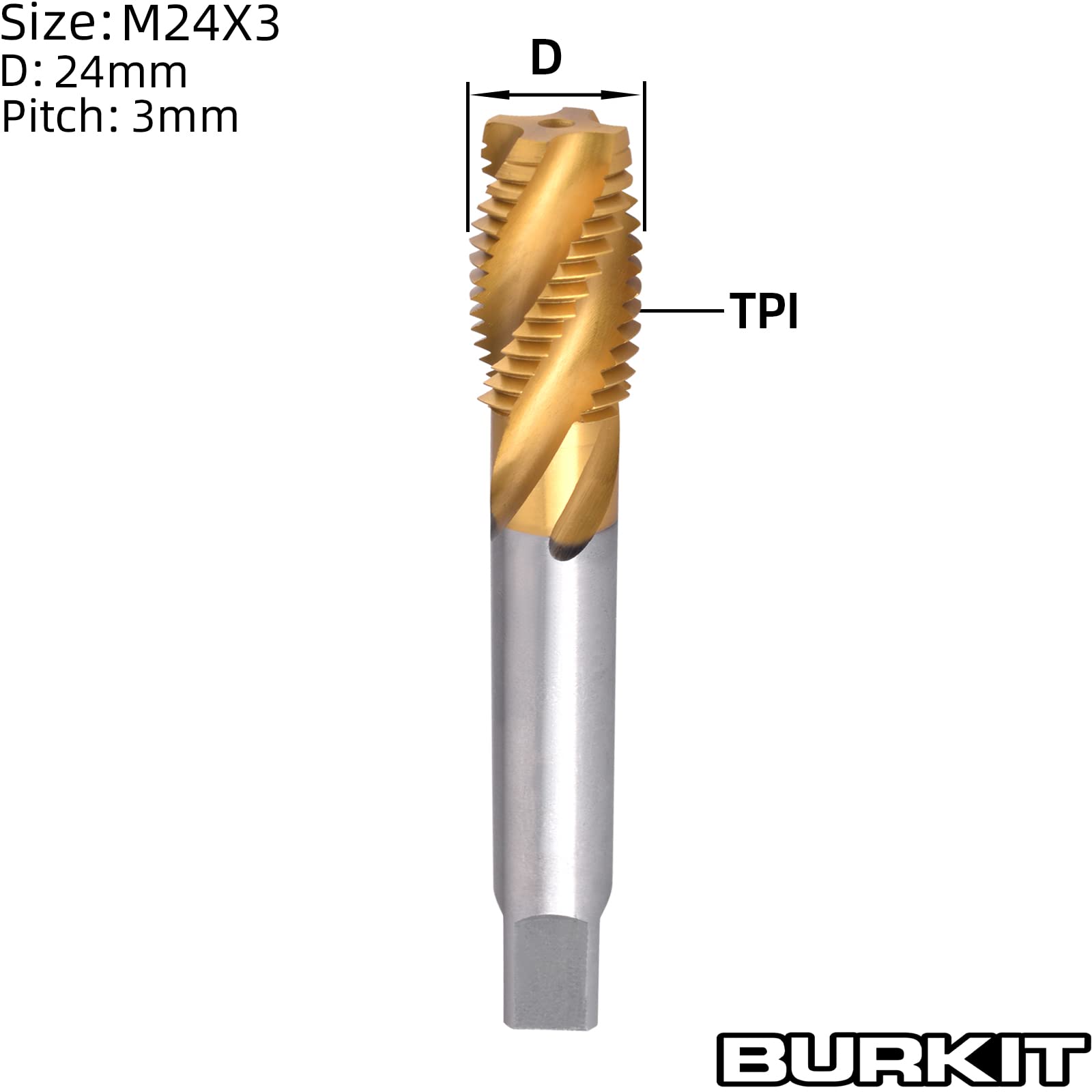 Burkit M24 X 3 Espiral Flauta Macho, HSS Titanio Recubierto Espiral Flauta Tapón Rosca Macho M24 x 3.0
