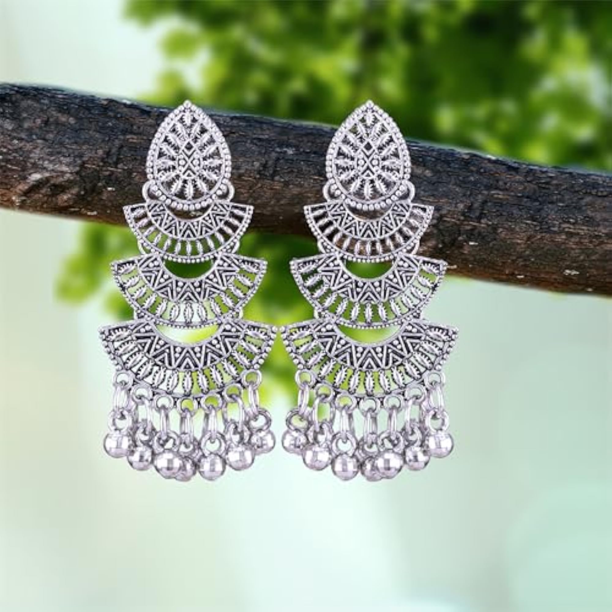Women's Oxidised Silver Stylish Jhumka Earrings with Pearl Accents