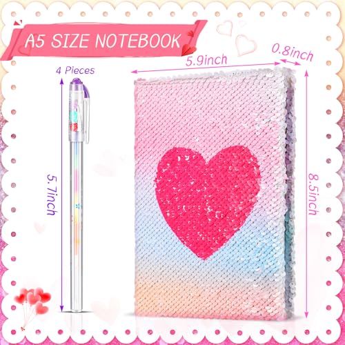Image of Outus 4 Pcs Sequin Girls Journal Valentines Journal Gift with Color Gel Ink Pens Glitter Notebook Flip Writing Diary for Kids Girl Writing Drawing Travel Gifts(Gradient AB Color,Heart)