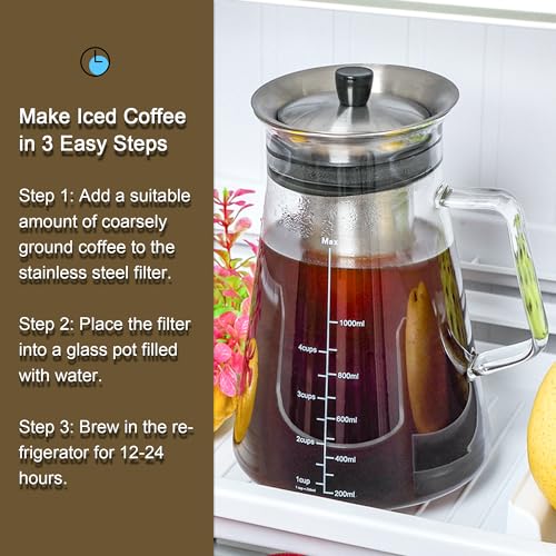 Aquach Airtight Cold Brew Iced Coffee Maker 34oz/1L, BPA-Free, Thick Borosilicate Glass Carafe with Double Fine Mesh Removable Filter, Dishwasher Safe, Rustproof, 5 Cups Capacity