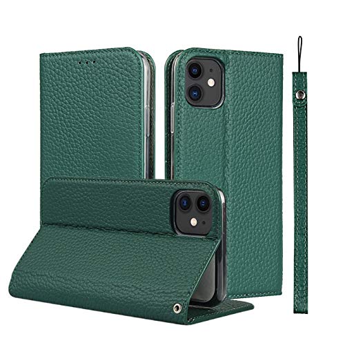 Étui portefeuille iPhone 11 avec cordon vert litchi pour le quotidien
