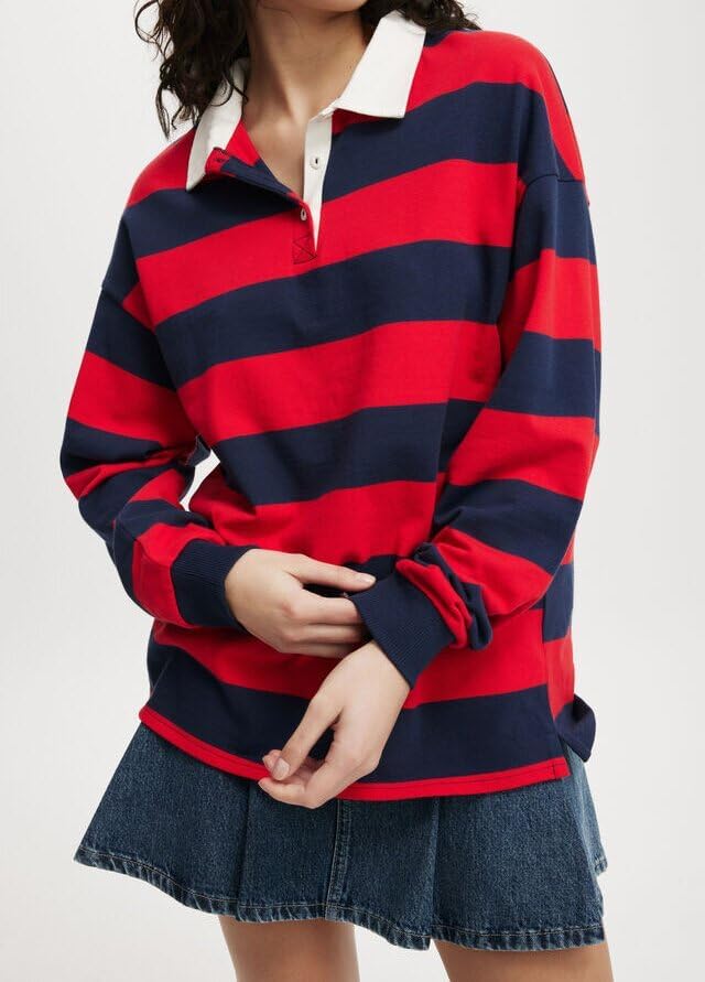 Women Long Sleeve Striped Polo Shirt Oversized Collar Y2k Pullover T Shirt Casual Loose Streetwear Rugby Sweatshirt2