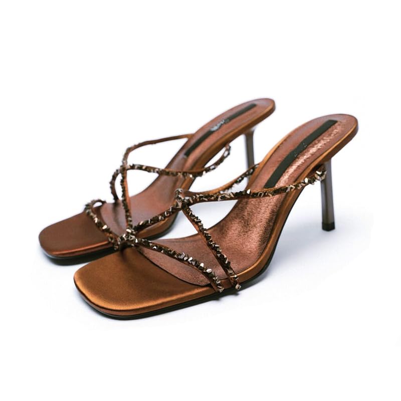 Women's Leather Rhinestones Strappy Stiletto Heeled Sandals Fashion Comfortable Square Open Toe Slip On High Heels Slides for Party Wedding Prom Dress Mules