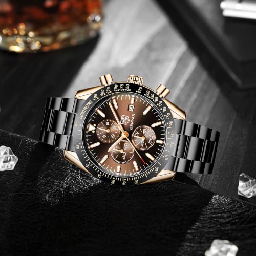 Image of BENYAR Men's Watches Chronograph Watch for Men Multifunction Black Waterproof Sport Fashion Quartz Wristwatches Calendar with Stainless Steel Strap