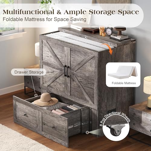 Image of LUXOAK Twin Murphy Bed with 6 inch Tri-Fold Memory Foam Mattress, Storage Drawer & Charging Station, Space-Saving Design for Home Office or Guest Room, Rustic Grey