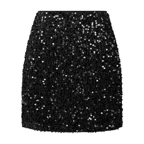 Generisch Minifalda de lentejuelas para mujer, cintura alta, con purpurina, Negro , S