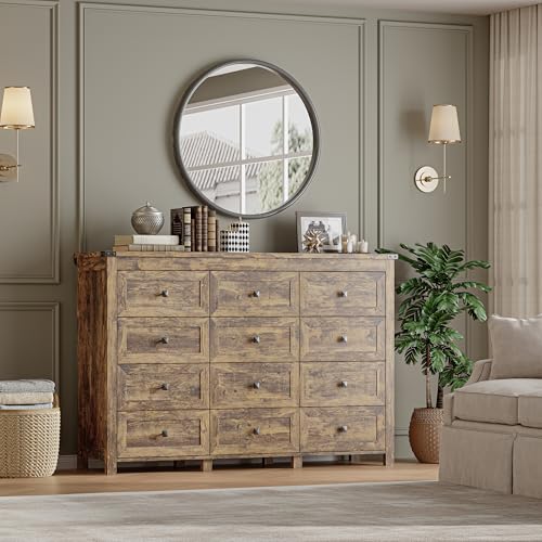 Image of BORNOON 12-Drawer Dresser, Modern Wooden Storage Chest of Drawers, Dresser TV Stand, Wood Drawer Organizer with Metal Handles for Bedroom, Living Room, Hallway