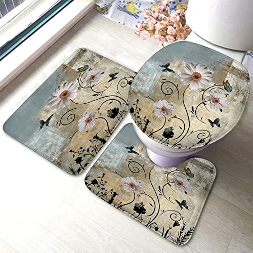 DYCBNESS Badezimmerteppich-Set, 3-teilig, rustikale Gänseblümchen, Blumen, Schmetterling, Grau, Beige, abstrakte Kunst, Wandmalerei, Badteppiche mit U-förmigem Konturenteppich, WC-Deckelbezug