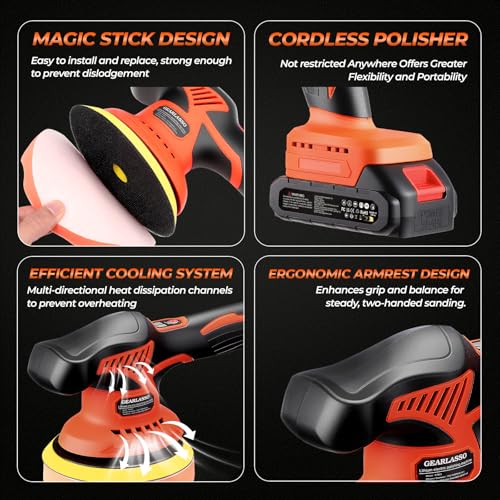 GEARLASSO Cordless Car Buffer Polisher, 8 Variable Speed Car Polisher 2800-6000RPM Car Polishing Machine with 2X 21V 2.0Ah Batteries and 17 Piece Polishing Kit for Car Detailing Scratch Removing 5 GEARLASSO Cordless Car Buffer Polisher, 8 Variable Speed Car Polisher 2800-6000RPM Car Polishing Machine with 2X 21V 2.0Ah Batteries and 17 Piece Polishing Kit for Car Detailing Scratch Removing - Image 5