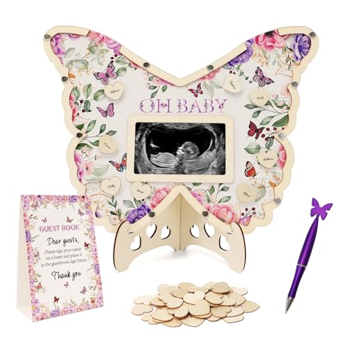 Butterfly Baby Shower Decorations Purple A Little Butterfly Is On Her Way Baby Shower Guest Book Alternatives with Pen Photo Frame and 60 Heart Wood Slices for 60 Guests Gender Reveal Decorations