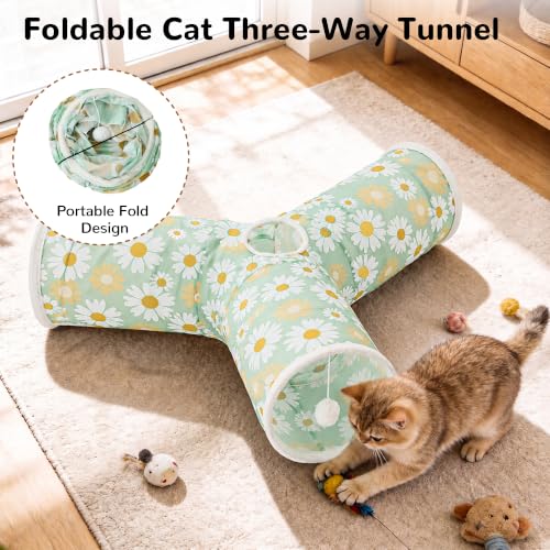 Image of Tempcore Cat Tunnel, 3-Way Collapsible Toy, Large Size Daisy Green Printed | Large Size 3-Way Cat Tunnel Provides More Room for Cats to Run, Hide and Chase, with Peek Holes, Hanging Ball and Teaser Wand